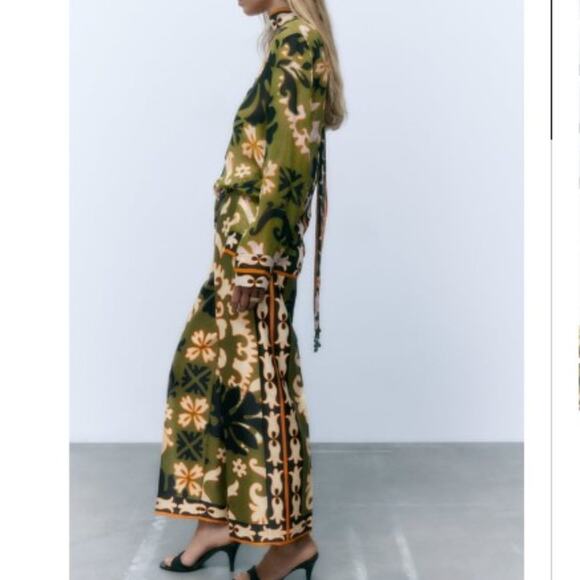 Zara Olive Green Printed Long Sleeve Top Neck Tie with Beading Size Small - Picture 3 of 12